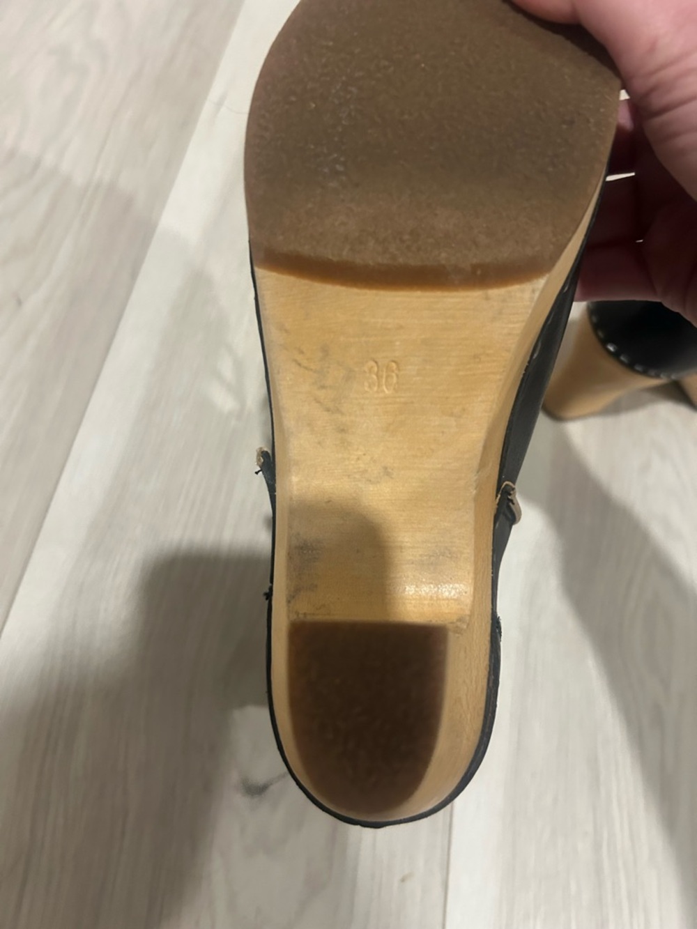 Swedish Hasbeen Leather Lace-Up Clog Heels with Natural Wood Sole - Picture 2 of 6